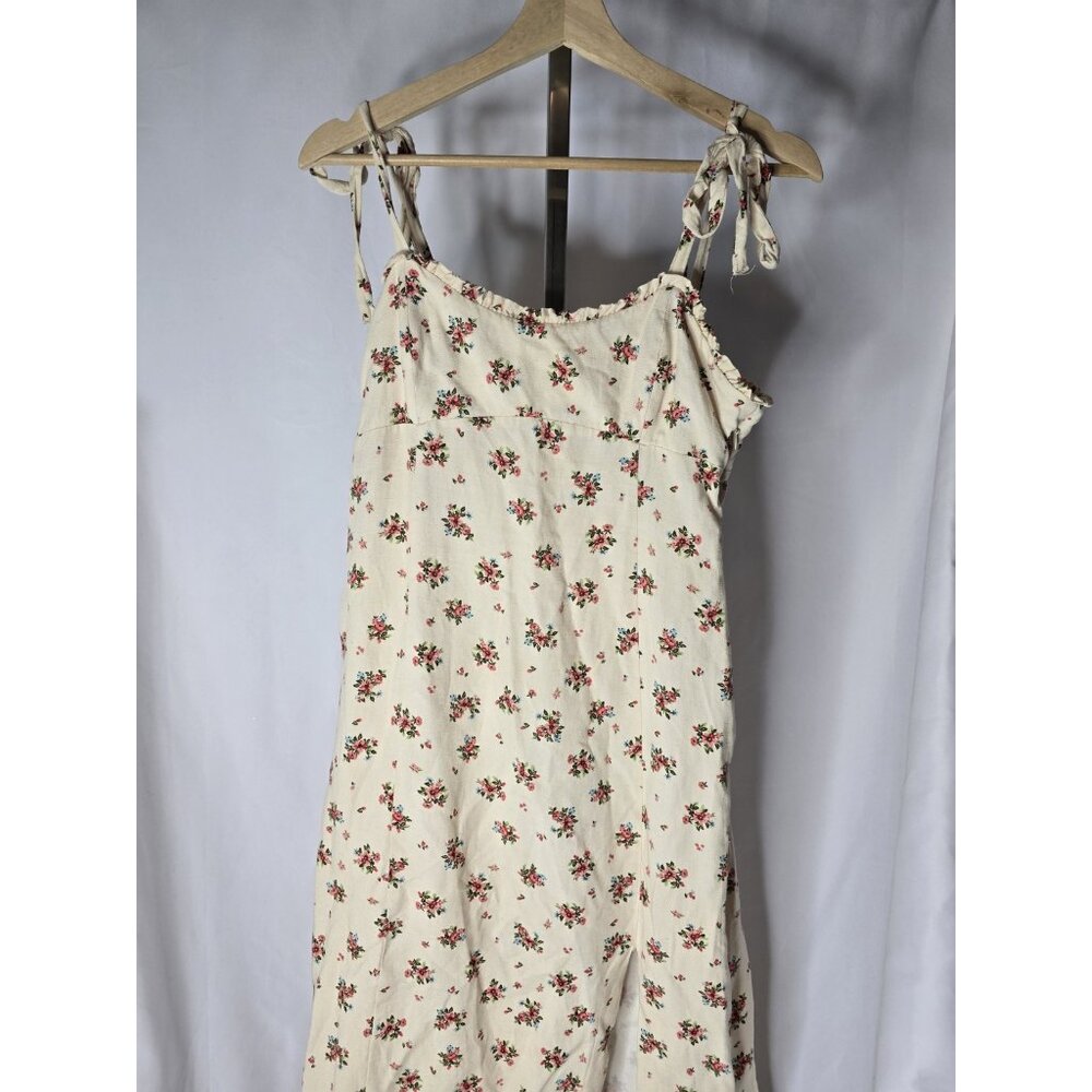 Zara Strapped Cream Linen Blend Floral Long Length Dress Size LARGE - Picture 7 of 13